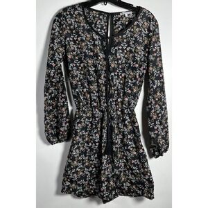 Charlotte Russe Sz Sm Black Pink‎ Floral Long Sleeve Romper Tie Front Light Boho